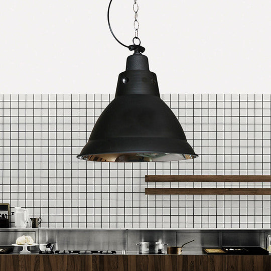 Farmhouse Black Metal Dome Pendant Light With Chain For Stairway 12 Width