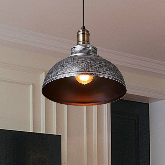 Industrial Style Metallic Pendant Ceiling Light - 12"/14"/16" Dia, 1 Light, Bowl Shade, Black/White Inner