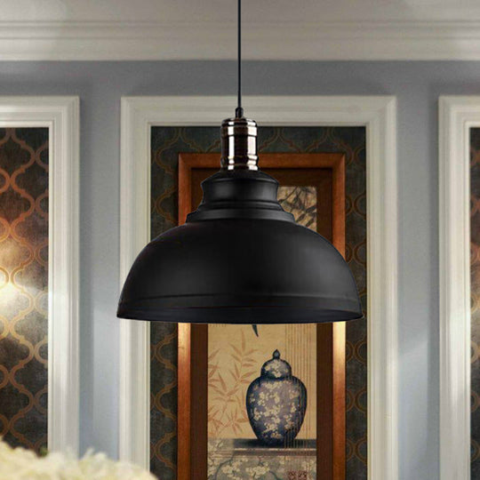 Industrial Style Metallic Pendant Ceiling Light - 12"/14"/16" Dia, 1 Light, Bowl Shade, Black/White Inner