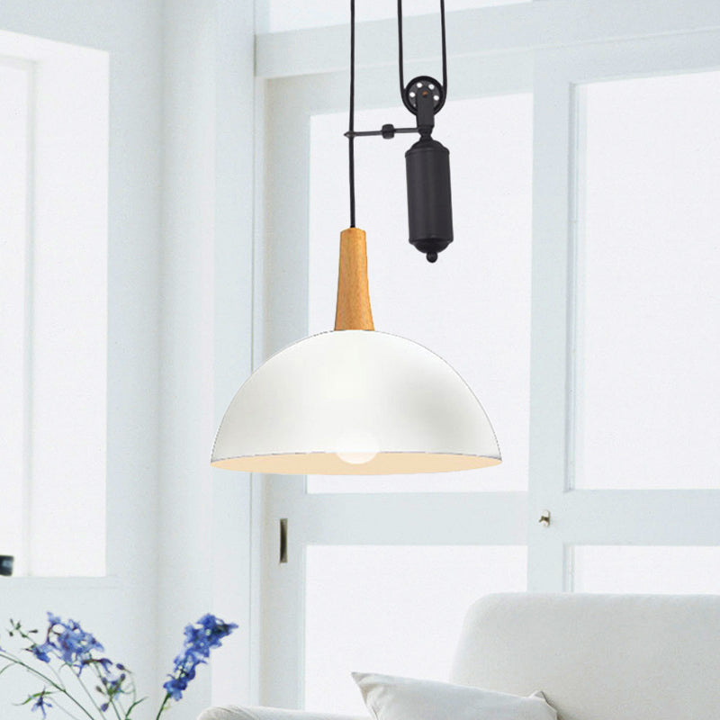 Industrial Style Domed Kitchen Pendant Light with Pulley and Metal Frame – Black/White Hanging Lamp