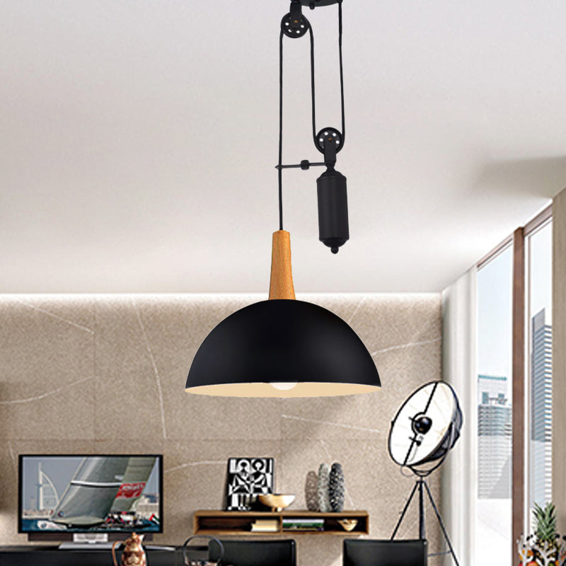 Industrial Style Domed Kitchen Pendant Light with Pulley and Metal Frame – Black/White Hanging Lamp