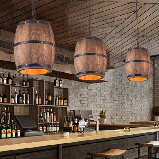 Industrial Wood Barrel Pendant Light In Brown - Creative Hanging Fixture