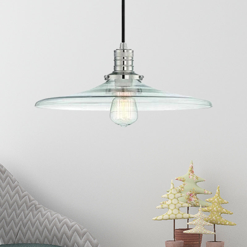 Industrial Nickel Pendant Lighting with Saucer Shade - Clear Glass Ceiling Light for Living Room