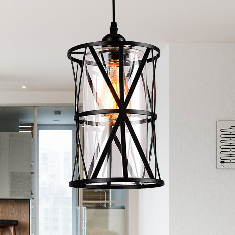 Industrial Clear Glass Pendant Light With Black Iron Frame