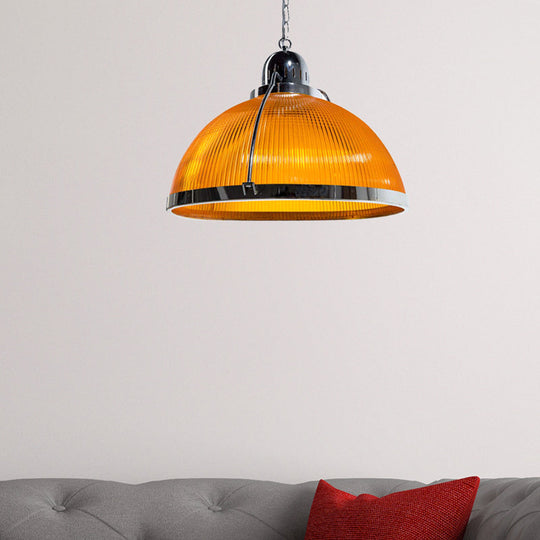 Industrial 1 Head Ribbed Dome Pendant Lamp In White/Red/Yellow - Acrylic & Metal Construction Ideal