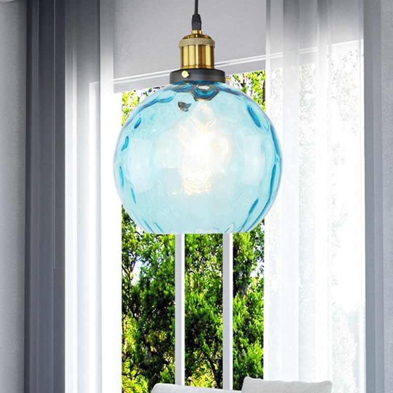 Industrial Globe Pendant Light with Blue Dimpled Glass Shade - 1 Light Ceiling Fixture for Living Room