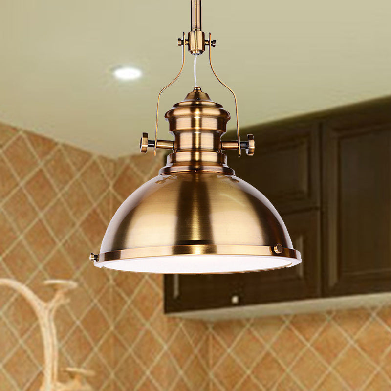 Antique-Style Metal Dome Pendant Light With Frosted Diffuser In Brass