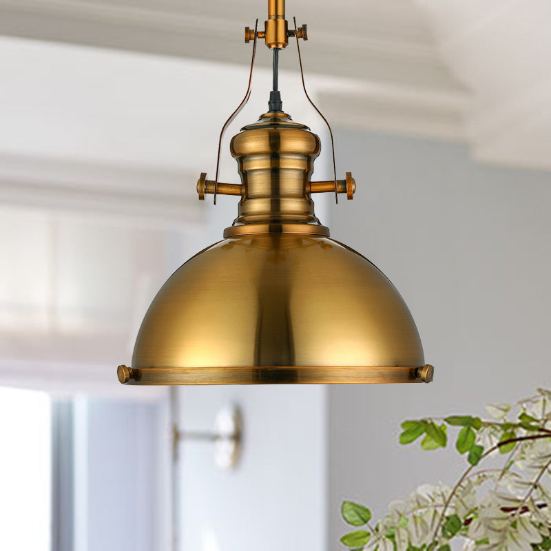 Antique Brass Pendant Light with Frosted Diffuser - Vintage Style Metal Dome Shade, 1-Light Hanging Lamp