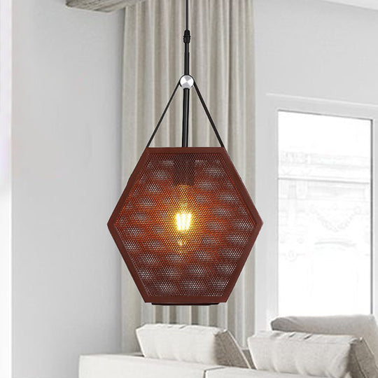 Hollow Brown Hexagon Hanging Lamp - Industrial Pendant Light for Restaurants