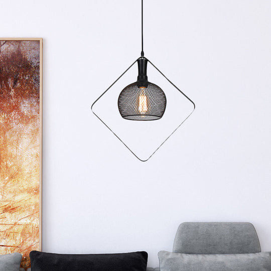 Vintage Mesh Domed Metal Pendant Light With Square Deco In Black For Living Room Ceiling - 1 Bulb