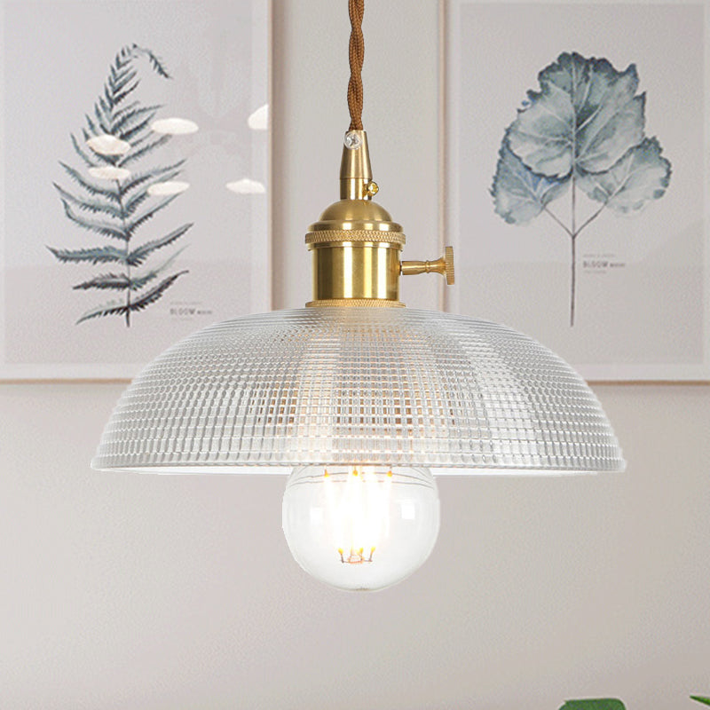 Industrial Clear Glass Saucer/Dome/Prismatic Brass Ceiling Pendant Light For Living Room