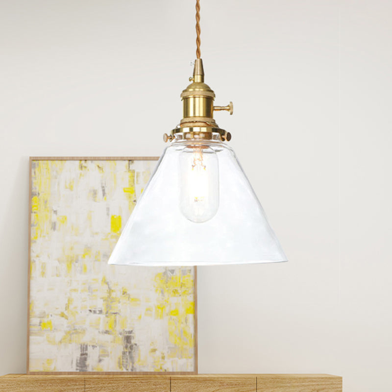 Farmhouse Brass Pendant Ceiling Light Fixture - Clear/Amber Glass Cone, 1-Light for Living Room