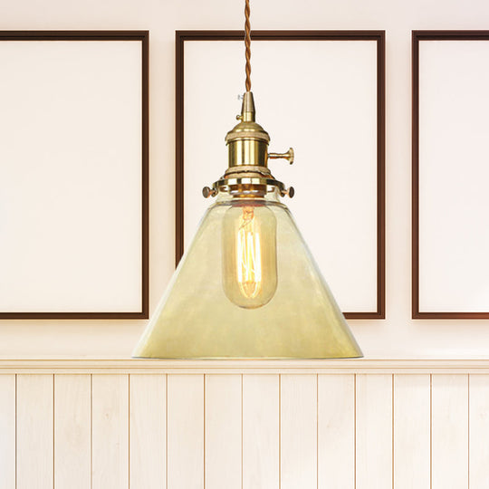 Farmhouse Brass Pendant Ceiling Light With Clear/Amber Cone Glass - 1 Fixture For Living Room