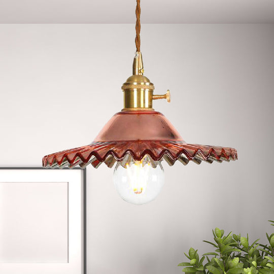 Industrial Scalloped Rose Gold Pendant Light with Amber Glass for Living Room Ceiling