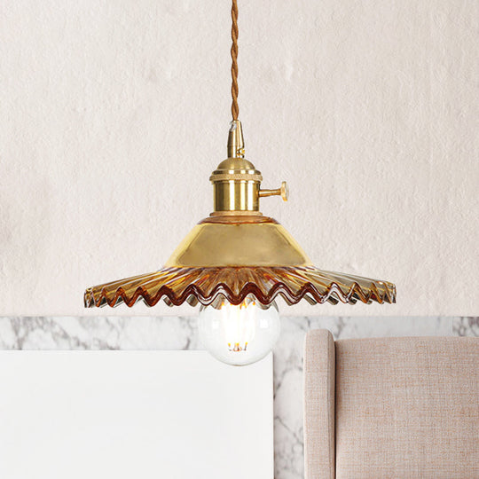 Industrial Scalloped Rose Gold Pendant Light with Amber Glass for Living Room Ceiling