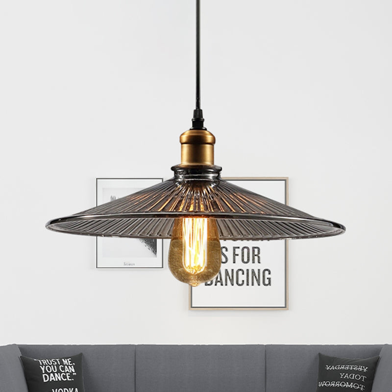 Farmhouse Brass Cone Pendant Ceiling Light with Ribbed Glass - Living Room Hanging Lamp (1 Light)