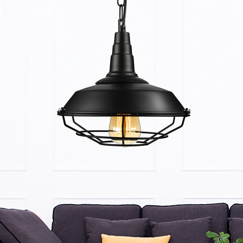 Retro Wire Guard Pendant Light With Barn Shade - 1 Hanging Fixture In Black/Bronze/Rust For Kitchen