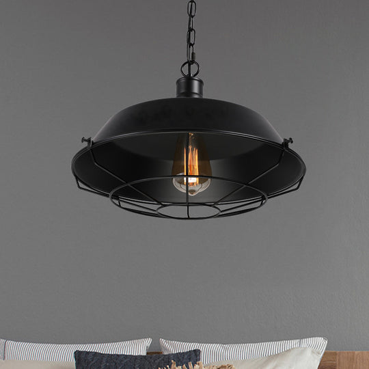 Farmhouse Barn Ceiling Light Fixture With Cage Shade - Metallic Pendant Lamp In Black (1 Bulb