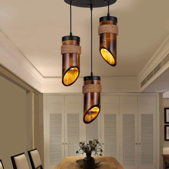 Retro Three-Light Bamboo Pendant Lamp In Brown Ideal For Dining Room