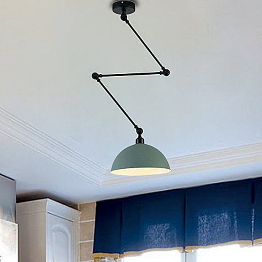 Industrial Style Metal Kitchen Pendant Lamp - Domed Green/Yellow 1-Light Suspension With Extendable