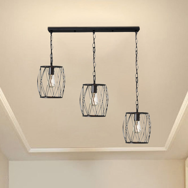 Industrial Black Hanging Lamp With 3 Bulbs And Stylish Metal Lantern Cage Shade - Foyer Suspension