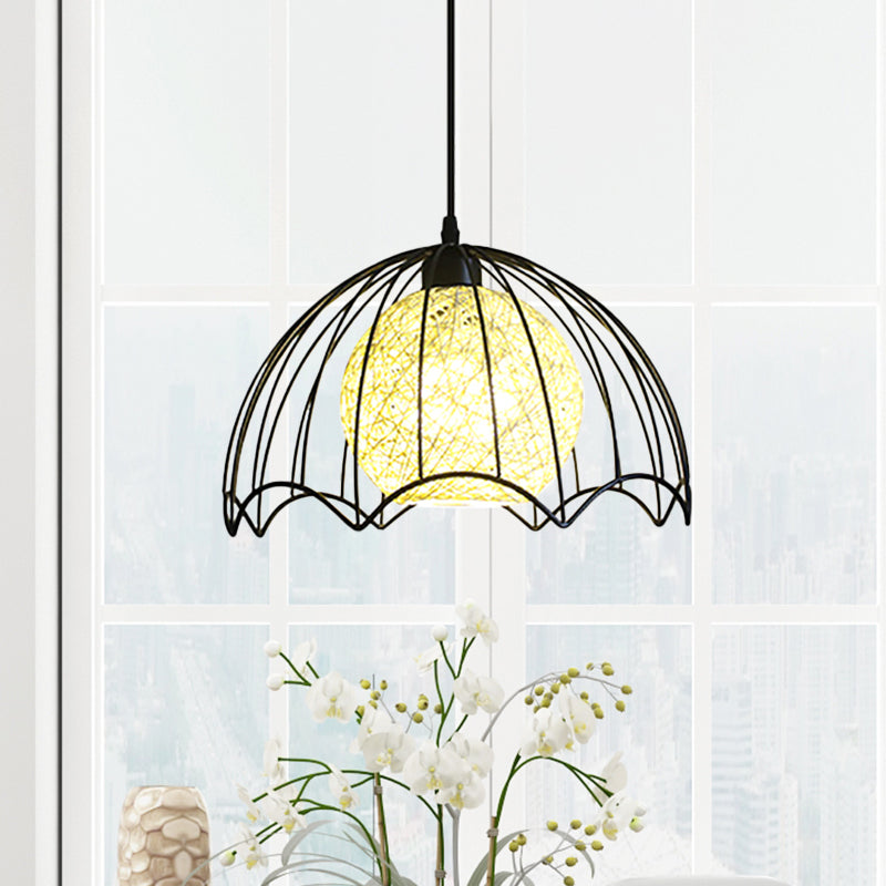 Industrial Dome Metal Hanging Lamp with Rattan Shade - 1 Light Black Ceiling Fixture for Dining Room