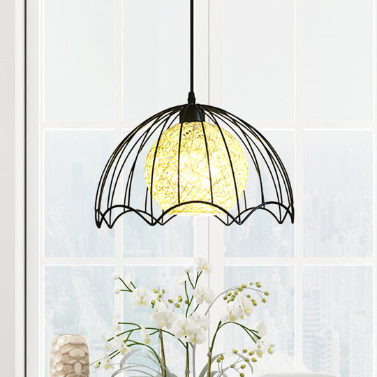 Industrial Dome Metal Hanging Lamp with Rattan Shade - 1 Light Black Ceiling Fixture for Dining Room