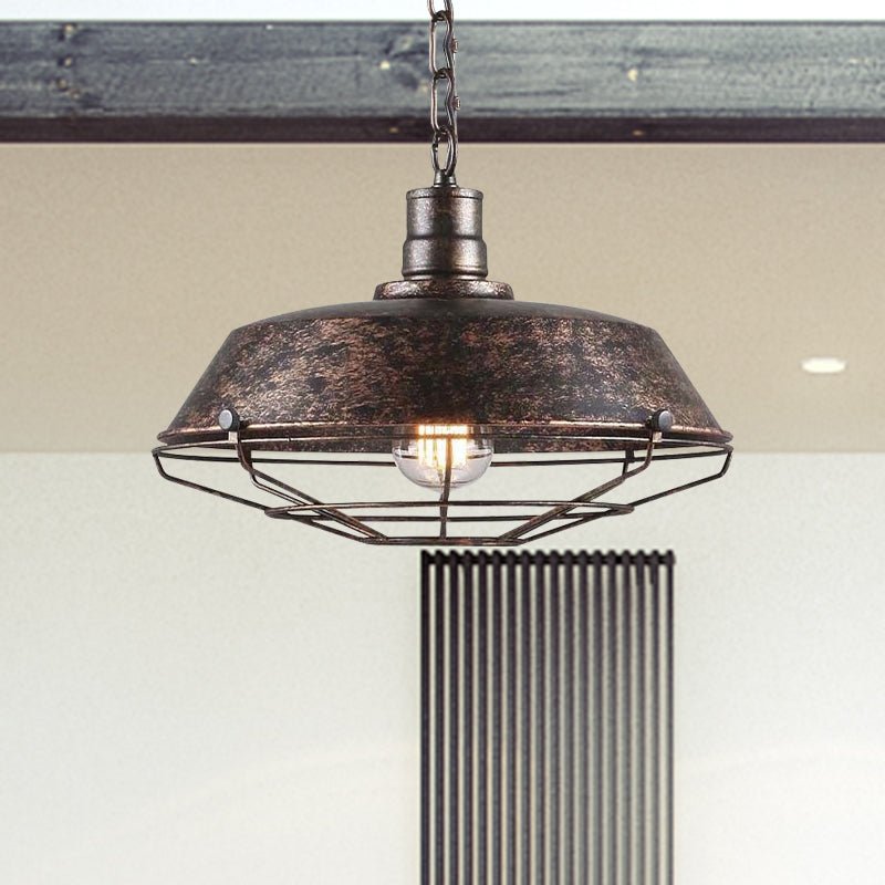 Wire Cage Pendant Light With Rustic Barn Shade - 1 Iron Fixture In Antique Brass/Rust 10-18 Width