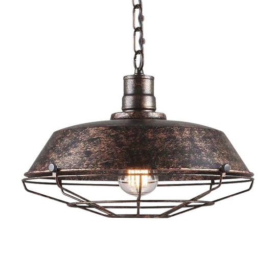 Rustic Wire Cage Pendant Light with Barn Shade in Antique Brass/Rustic Finish, 1 Light, 10"/14"/18" Width