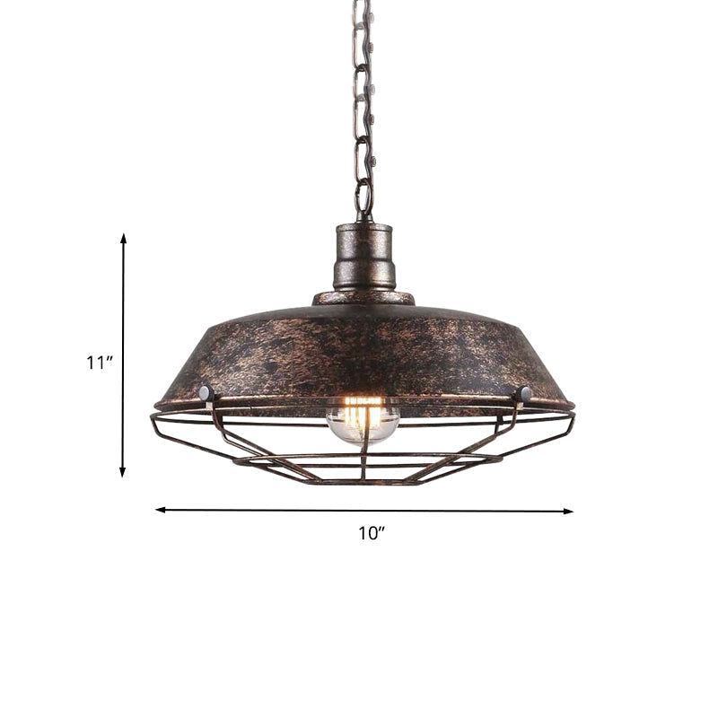 Rustic Wire Cage Pendant Light with Barn Shade in Antique Brass/Rustic Finish, 1 Light, 10"/14"/18" Width