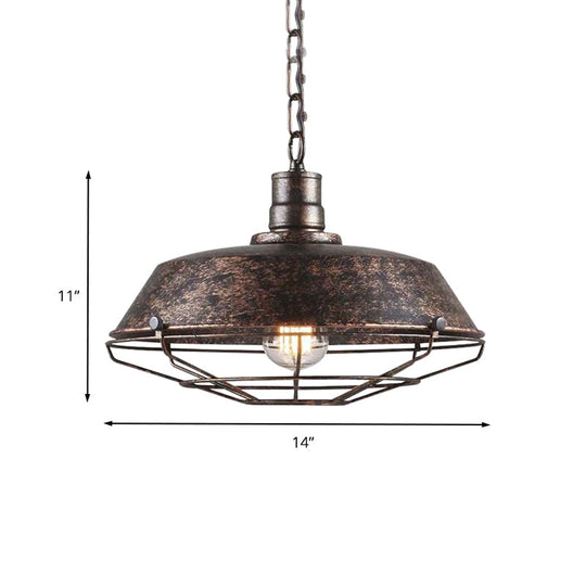 Rustic Wire Cage Pendant Light with Barn Shade in Antique Brass/Rustic Finish, 1 Light, 10"/14"/18" Width