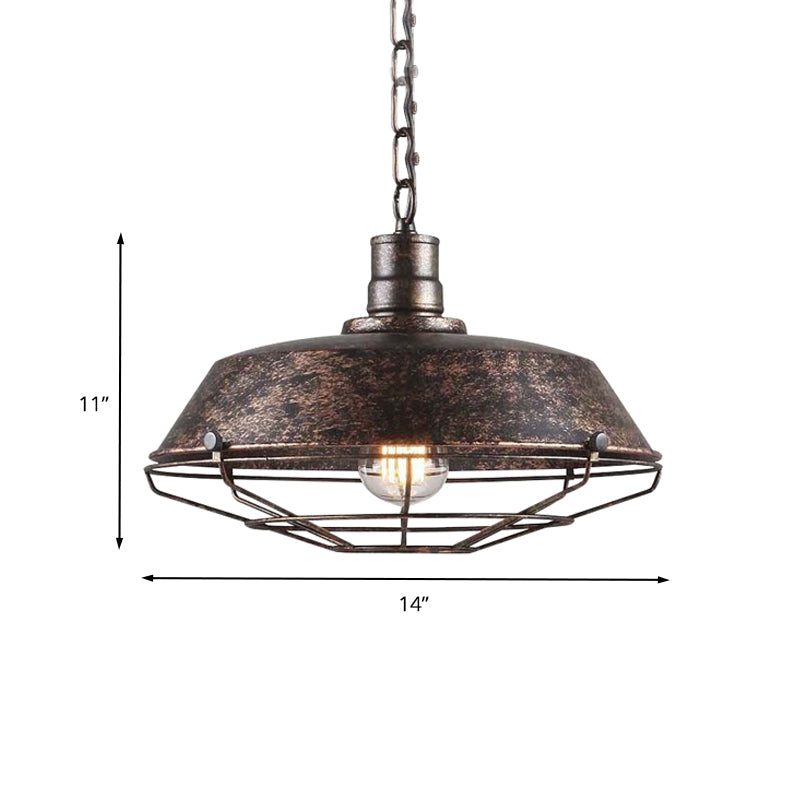 Wire Cage Pendant Light With Rustic Barn Shade - 1 Iron Fixture In Antique Brass/Rust 10-18 Width