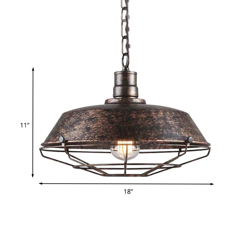 Rustic Wire Cage Pendant Light with Barn Shade in Antique Brass/Rustic Finish, 1 Light, 10"/14"/18" Width