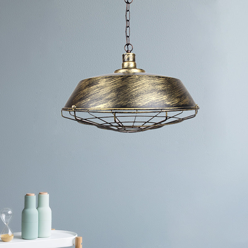 Wire Cage Pendant Light With Rustic Barn Shade - 1 Iron Fixture In Antique Brass/Rust 10-18 Width