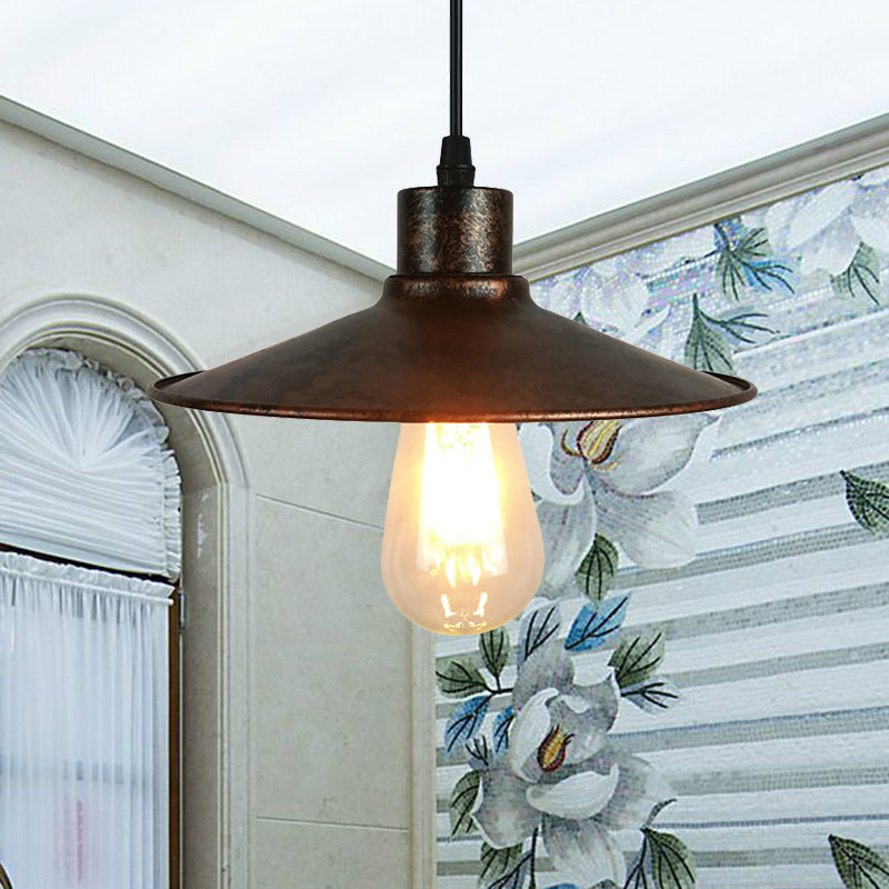 Industrial Iron Flared Shade Pendant Ceiling Light - Antique Brass/Rust Finish - Ideal for Dining Tables, 1 Bulb