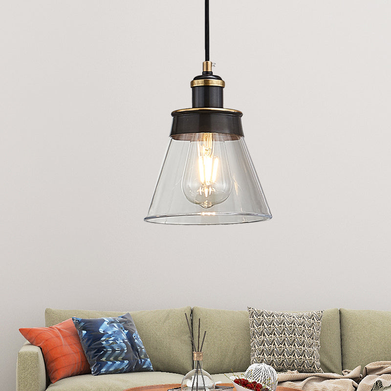 Industrial Brass Pendant Light with Clear/Amber/Smoked Glass Cone - Indoor Hanging Lamp