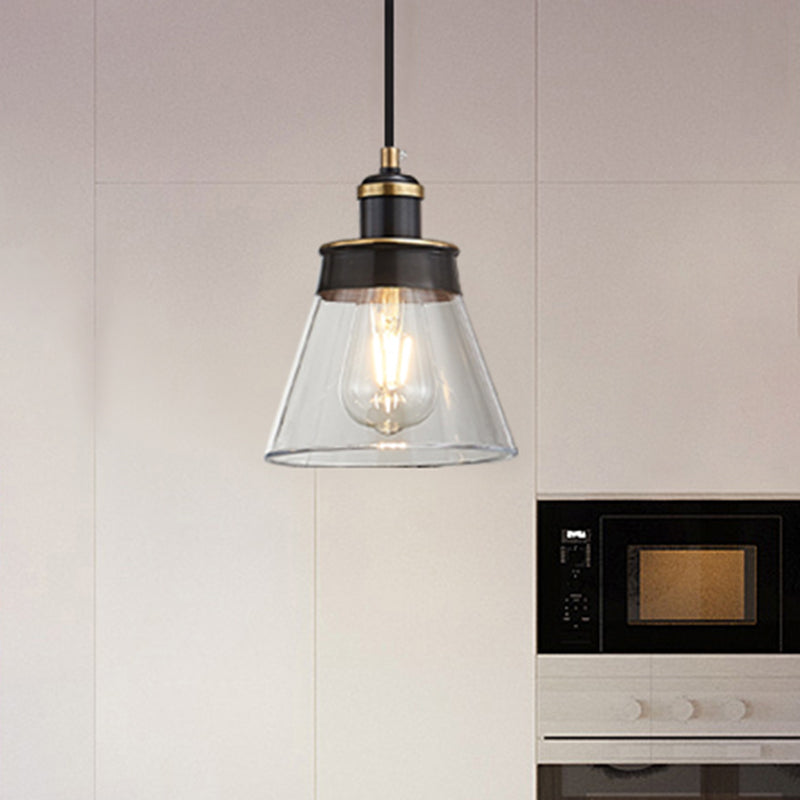 Industrial Brass Pendant Light with Clear/Amber/Smoked Glass Cone - Indoor Hanging Lamp