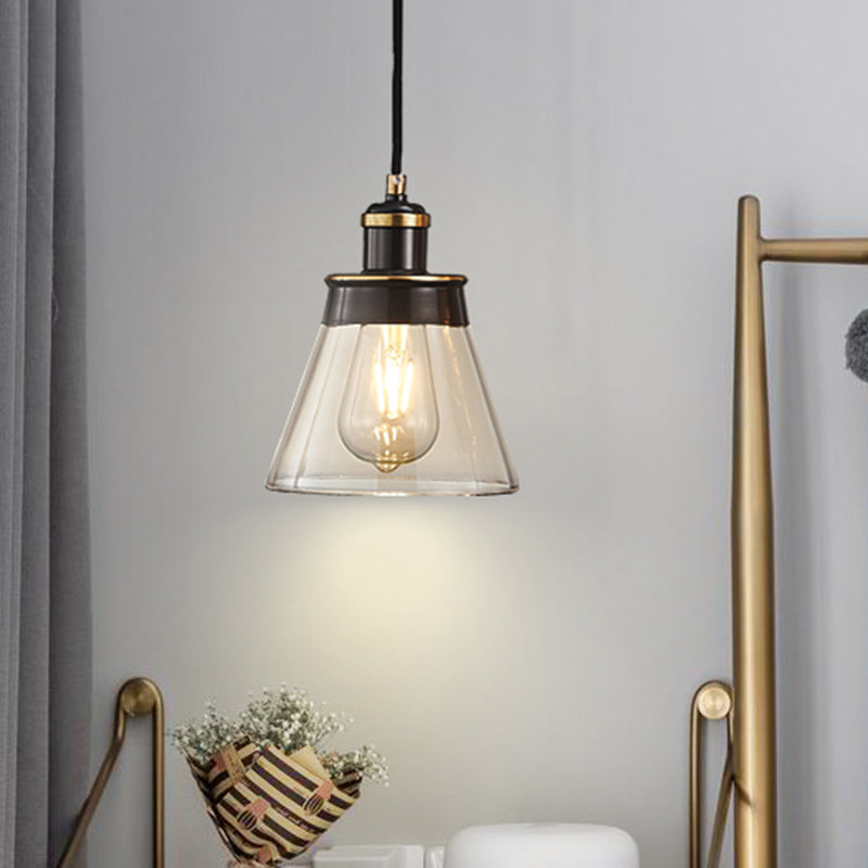 Industrial Brass Pendant Light with Clear/Amber/Smoked Glass Cone - Indoor Hanging Lamp