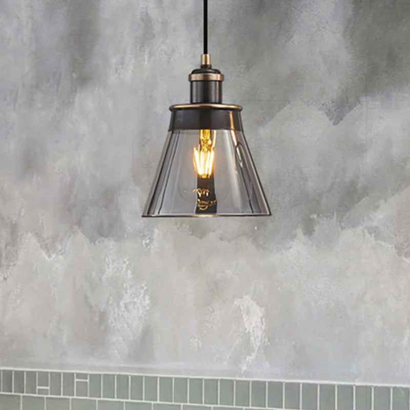 Industrial Brass Pendant Light with Clear/Amber/Smoked Glass Cone - Indoor Hanging Lamp