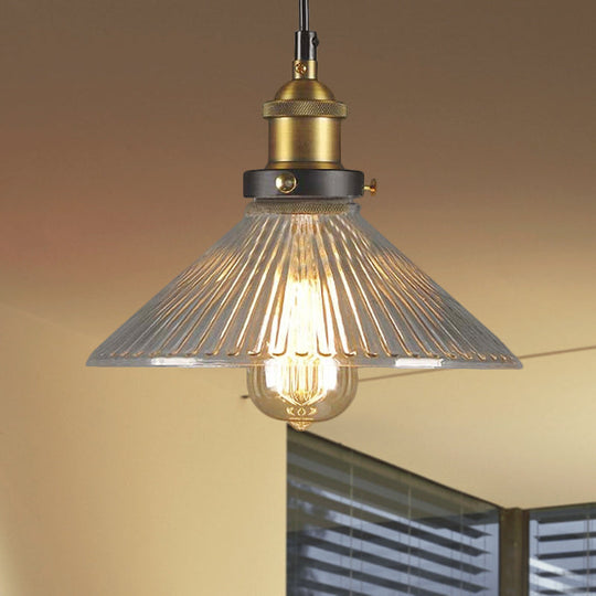 Industrial Cone Ribbed Glass Pendant Light In Black/Clear For Dining Room Ceiling