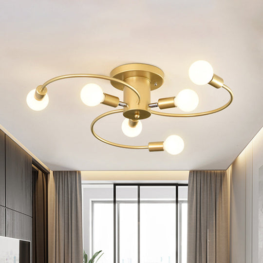 Nordic Metal Gold/Black Swirl Semi Flush Mount Ceiling Light - 6 Lights for Living Room