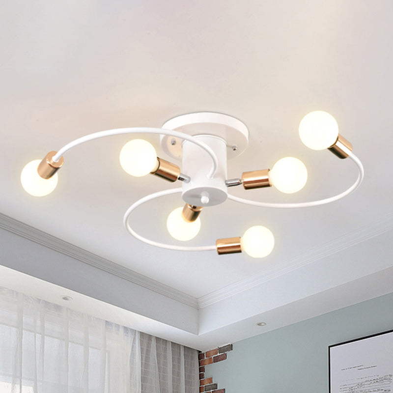 Nordic Metal Gold/Black Swirl Semi Flush Mount Ceiling Light - 6 Lights For Living Room White