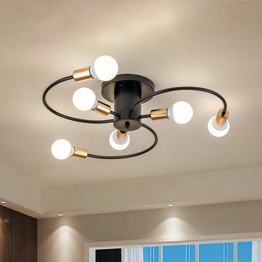 Nordic Metal Gold/Black Swirl Semi Flush Mount Ceiling Light - 6 Lights for Living Room