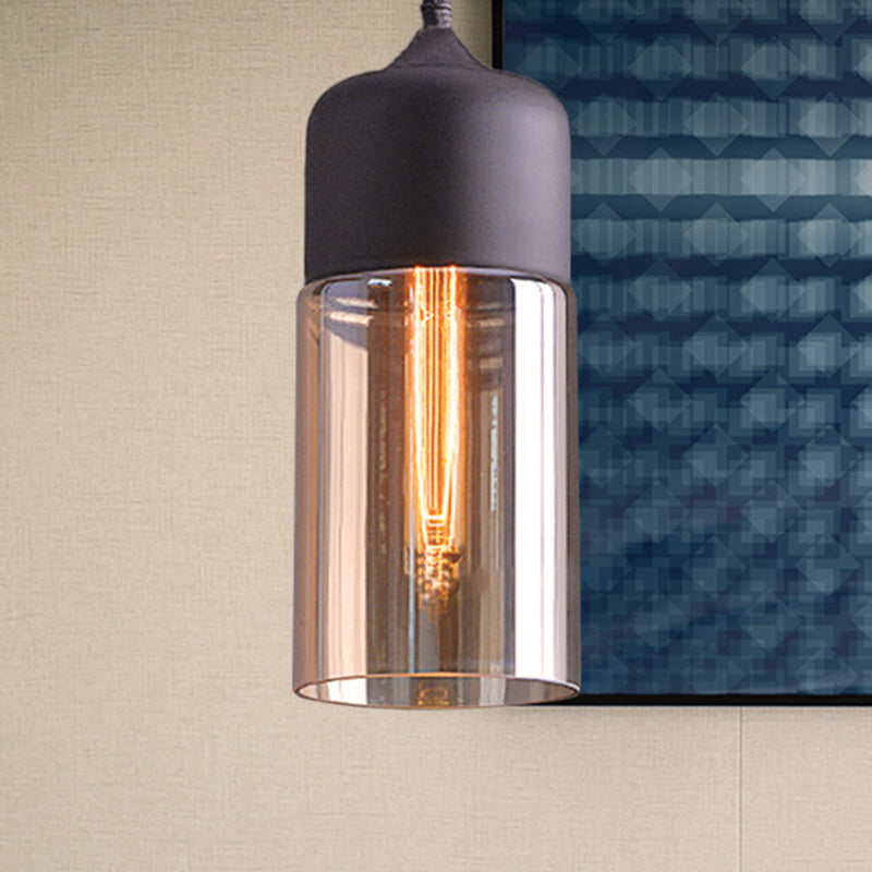 Cylinder Pendant Industrial Lighting - 1 Light Brown Glass Hanging Ceiling In Black 5/7/8 Wide / 5