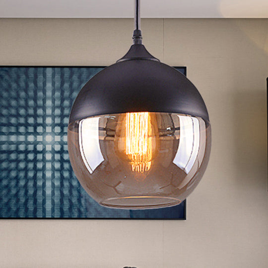 Industrial Cylinder Pendant Light with Brown Glass Shade - 1-Light Hanging Ceiling Fixture in Black, 5"/7"/8" Wide