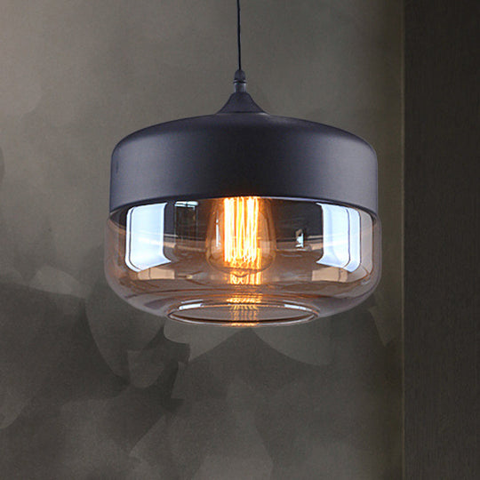 Industrial Cylinder Pendant Light with Brown Glass Shade - 1-Light Hanging Ceiling Fixture in Black, 5"/7"/8" Wide