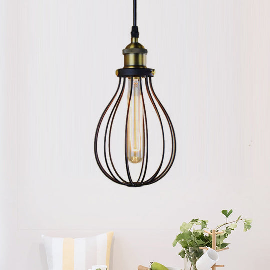 Vintage Industrial Metallic Black/Brass Pendant Ceiling Light with Wire Cage and Bulb Shade