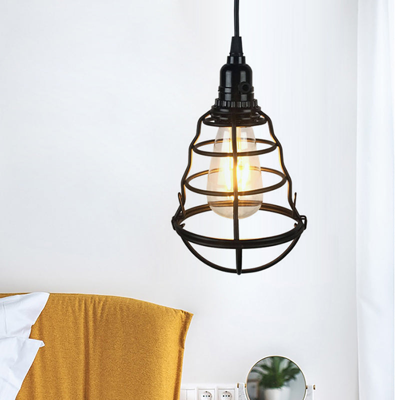 Retro Industrial 1-Head Hanging Lamp: Iron Wire Guard, Black Finish