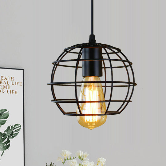 Farmhouse Style Metal Cage Pendant Light, 6"/7" Wide, 1 Head Balcony Ceiling Fixture in Black with Globe Shade