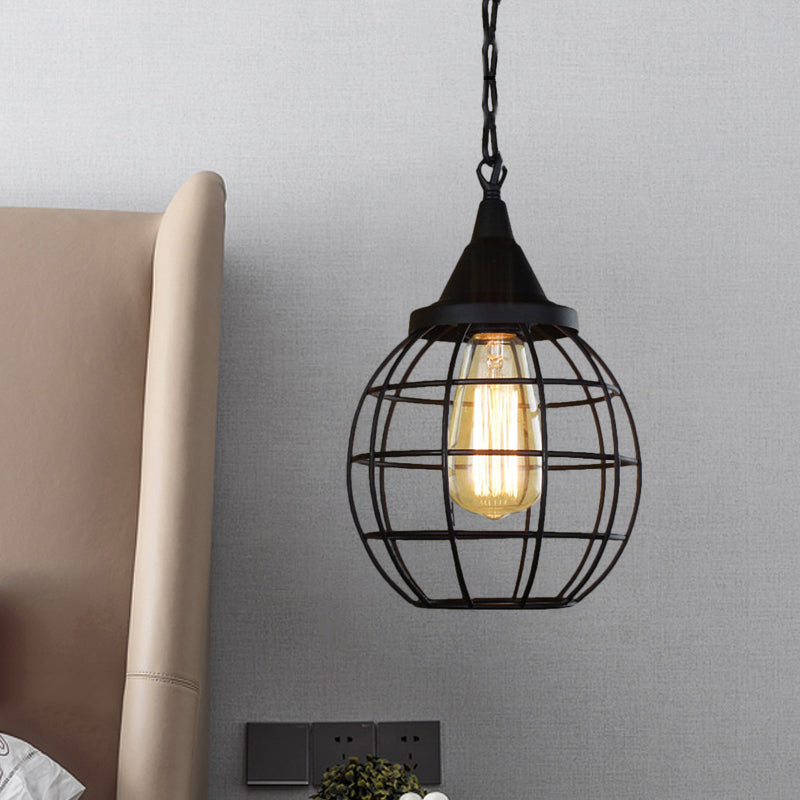 Farmhouse Style Metal Cage Pendant Light, 6"/7" Wide, 1 Head Balcony Ceiling Fixture in Black with Globe Shade